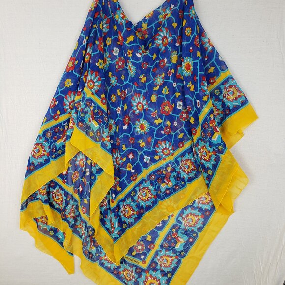 HERMES Shawl Scarf Pareo 100% Cotton Lightweight Blue Yellow Red Persian Motif - Picture 4 of 14